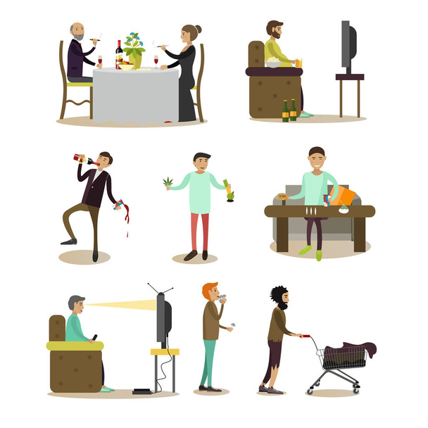 Vector flat icons of bad habits people set - Vector, Image