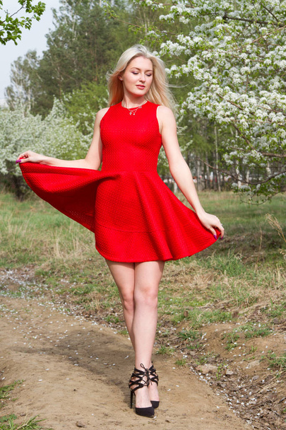 girl in a red short dress against the background of a blooming apple orchard - Fotó, kép