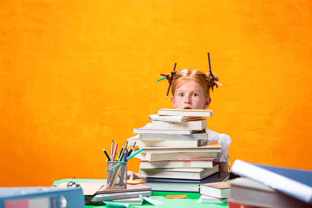 The Redhead teen girl with lot of books at home. Studio shot - Φωτογραφία, εικόνα