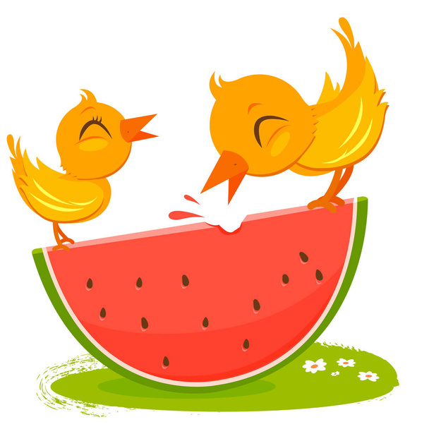 Birds eating a slice of watermelon - Wektor, obraz