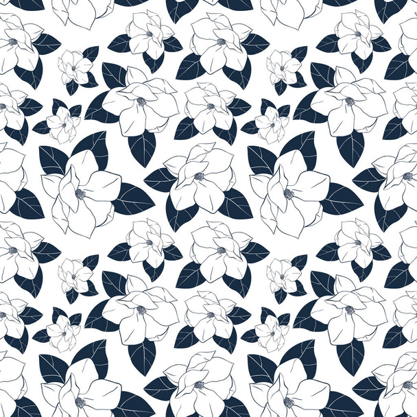 Trendy seamless floral pattern with magnolia flowers and leaves. Vector hand drawn illustration for print,textile,wrapping paper. - Vecteur, image