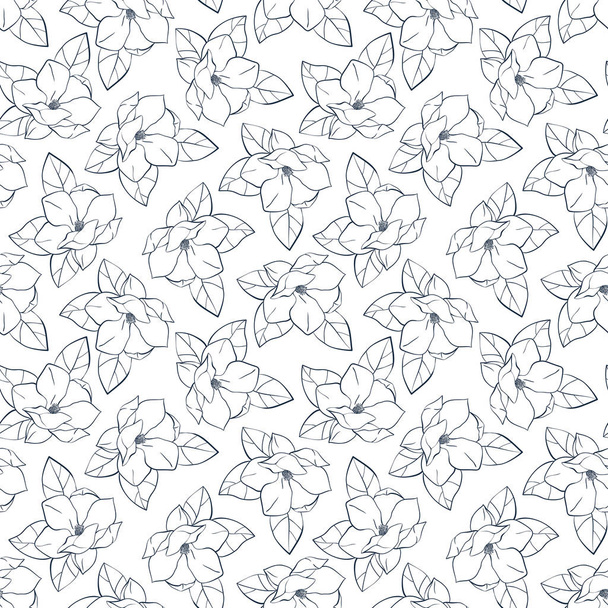 Graphic magnolia flowers with leaves. Vector spring and summer seamless pattern. Coloring book page design for adults and kids. - Вектор, зображення