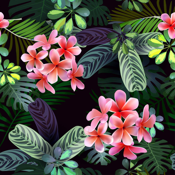 Vector seamless pattern of tropical flowers, leaves, vines: Strelitzia, Plumeria, South America, Central Africa, Southeast Asia and Australia. Monsoon forests, Mangroves.For textiles - Vector, Imagen