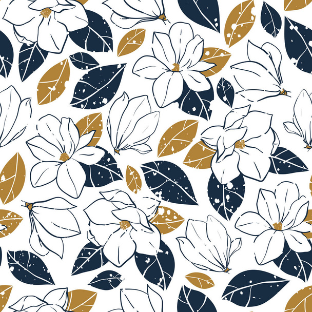 Patrón sin costuras de moda vectorial con elementos botánicos en estilo vintage. Flores, brotes y hojas de Magnolia en azul profundo y colores mostaza
. - Vector, Imagen