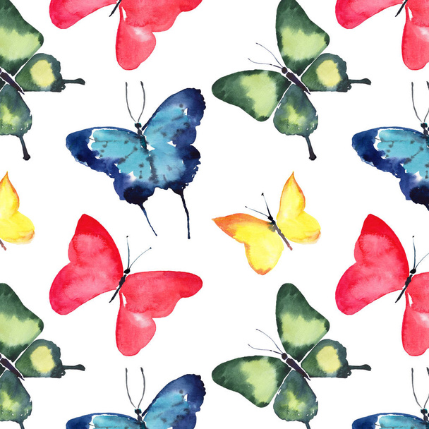 Beautiful cute sophisticated magnificent wonderful tender gentle spring colorful butterflies pattern watercolor hand illustration - 写真・画像
