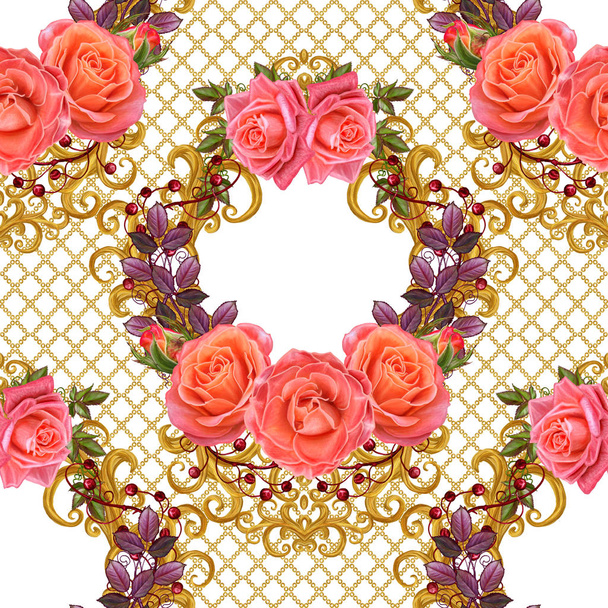 Pattern, seamless, floral border. Garland of flowers. Beautiful orange rose, buds, leaves, rough cloth, canvas. Golden curls, shiny tracery weave. Vintage old background. - Фото, зображення