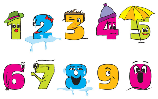 Счастливые красочные числа от нуля до девяти со смешными лицами для й
 - Вектор,изображение
