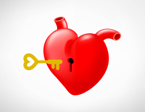 Замочная скважина на красном сердце с ключом
.  - Вектор,изображение