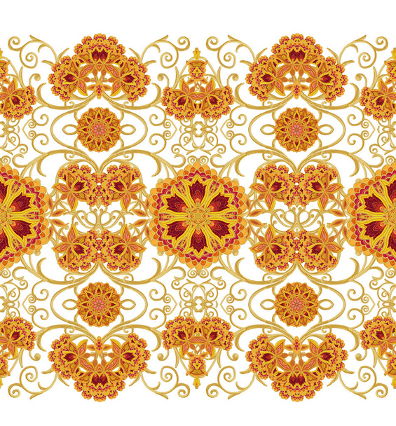 Seamless pattern. Golden textured curls. Oriental style arabesques. Brilliant lace, stylized flowers. Openwork weaving delicate, golden background. Paisley, Indian cucumber. - Foto, Bild