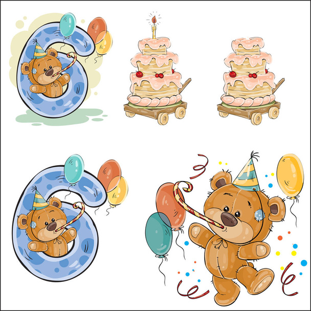 Set of vector illustrations with brown teddy bear, birthday cake and number 6. - Вектор,изображение