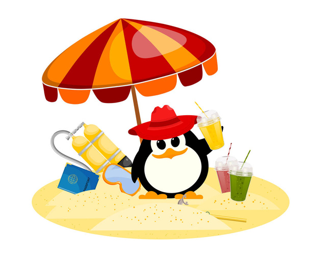 Cartoon color image of a small penguin under a beach umbrella on - Вектор, зображення