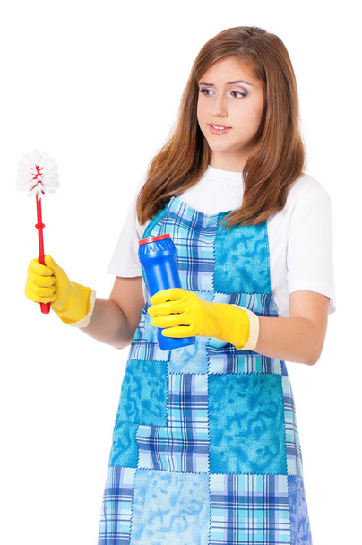 Dona de casa com suprimentos de limpeza
 - Foto, Imagem