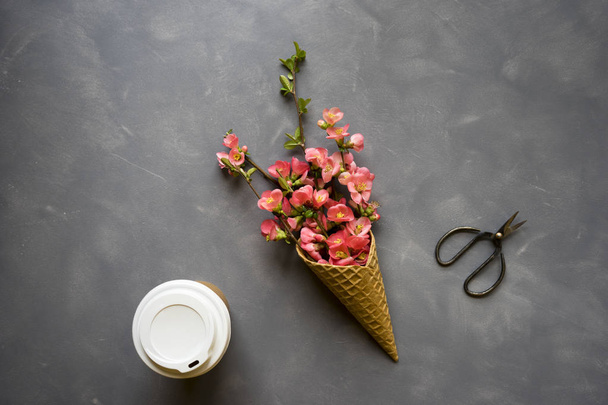 Květiny v kužel zmrzliny a kávy na pozadí cementu - Fotografie, Obrázek