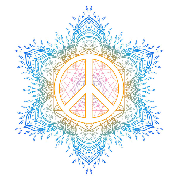 Friedenssymbol über dekorativ verziertem Hintergrund Mandala rund klopfen - Vektor, Bild