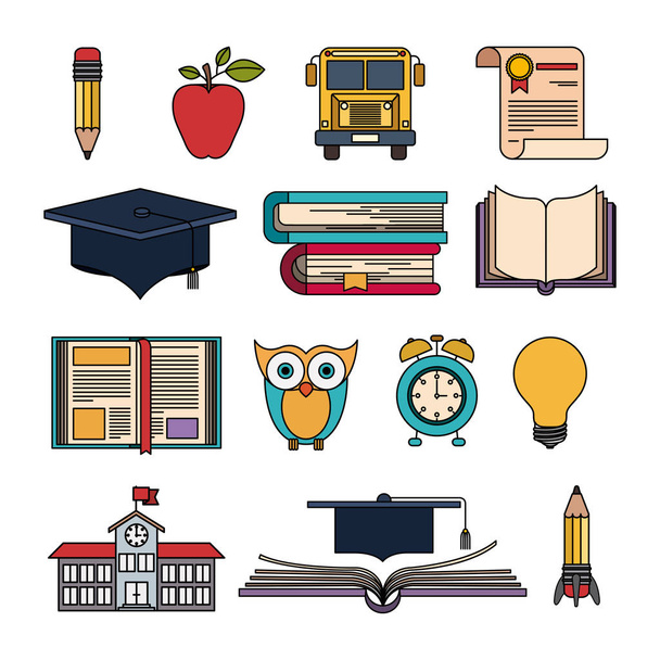conjunto de colores artículos de educación universitaria con elementos educativos
 - Vector, Imagen