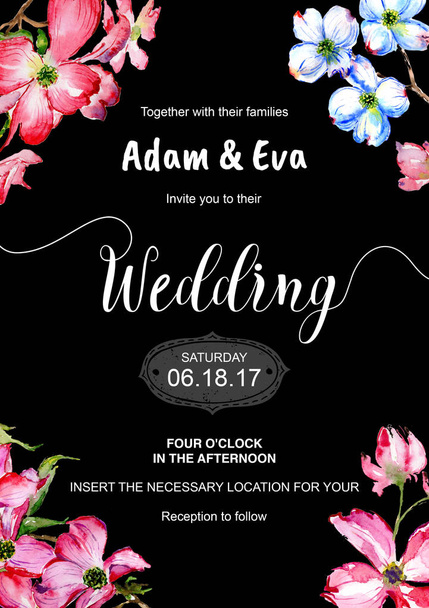 Wedding invitation DiY template dogwood handmade watercolor illustration. - Photo, Image