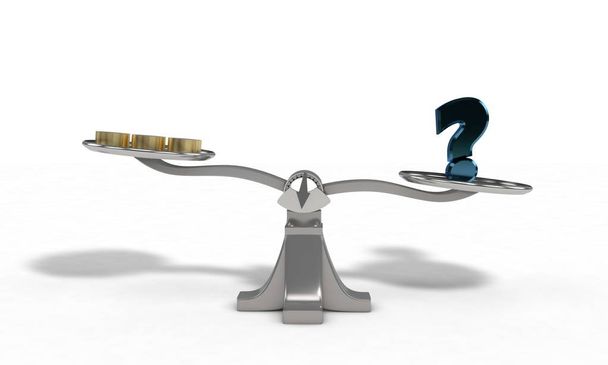Weights with question mark and money coin concept, 3d render - Photo, Image