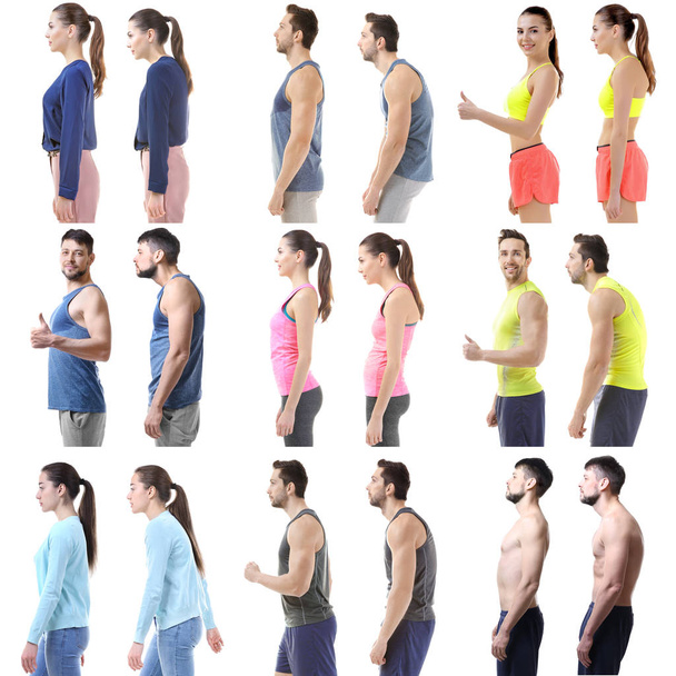 Rehabilitation concept. Collage of people with poor and good posture on white background - Фото, изображение