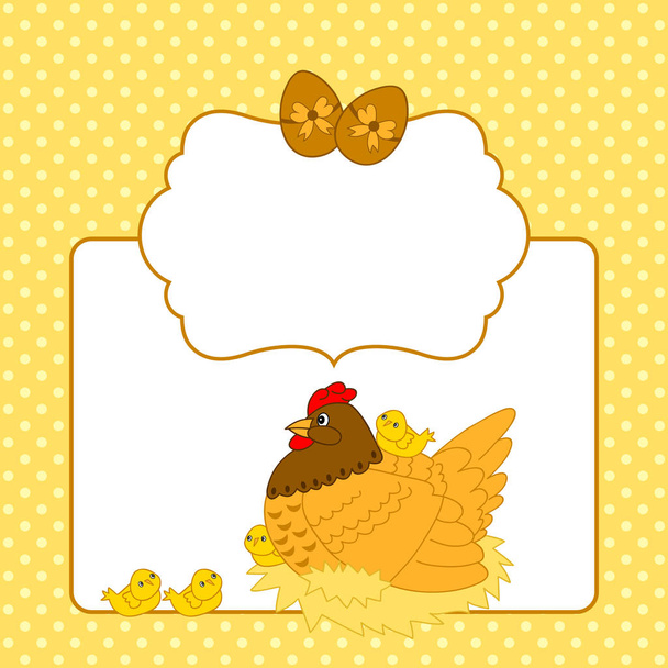 Vector Card Template with Chicken, Hen and Eggs, Easter Card Clipart - Vecteur, image
