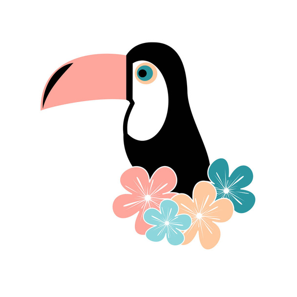 cute tropical flowers and toucan vector illustration isolated on white background - Vetor, Imagem