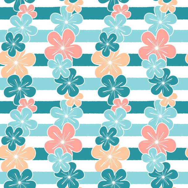 cute hibiscus flowers on blue stripes background seamless vector pattern illustration - ベクター画像