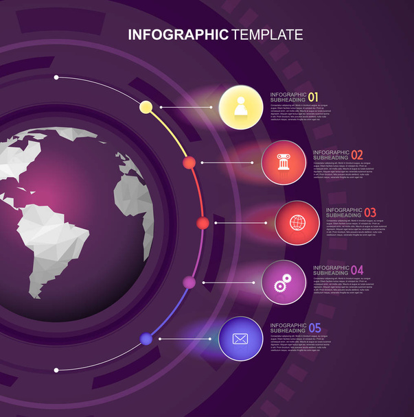 Infographic template with five circles and icons line up beside  - Vetor, Imagem