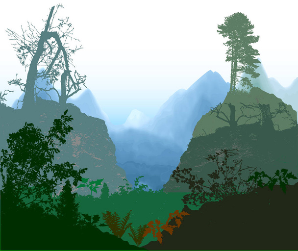 Панорамний дикий пейзаж з силуетами дерев і синіх гір
 - Вектор, зображення