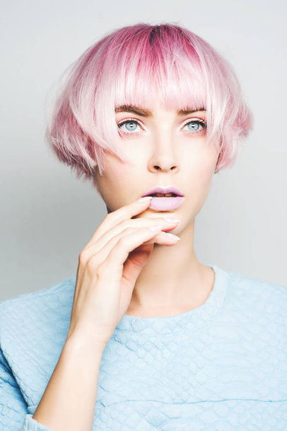 Beautiful girl with pink hair - Photo, Image