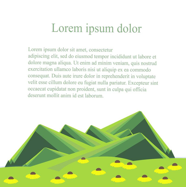 Achtergrond met berglandschap hieronder op wit. Groene heuvels, vallei met witte gele bloemen, Lorem ipsum. Moderne platte ontwerp voorraad vectorillustratie - Vector, afbeelding