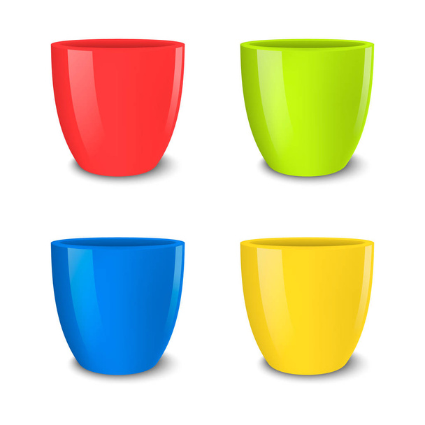 Realistic vector empty flower pot set, bright colors - red, green, blue and yellow . Closeup isolated on white background. Design template for branding, mockup. EPS10. - Vecteur, image
