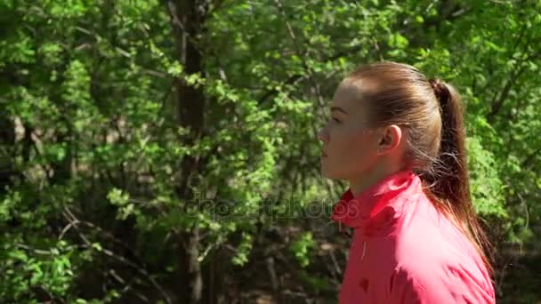 Early Morning Beautiful Girl in Pink Sweater is Jogging in the Woods in Early Spring,on a Background of Trees With Young Leaves,leads an Active Lifestyle - Filmati, video