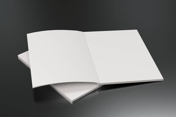 Two blank white open brochure mock-up on brushed metal backgroun - Fotoğraf, Görsel
