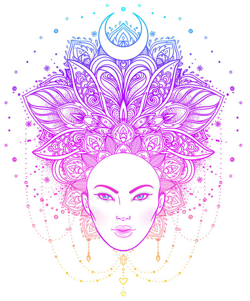 Tribal Fusion Boho Diva. Beautiful Asian divine girl with ornate - Vector, Image