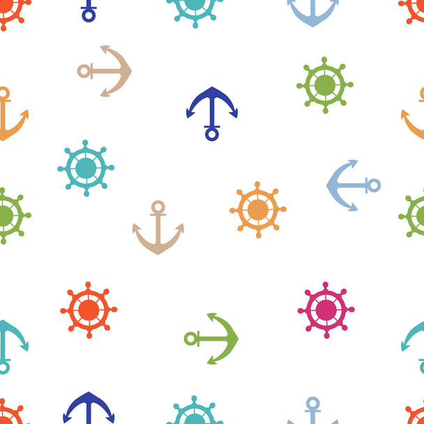 Cute seamless pattern with steering wheels and anchors. Marine t - Vetor, Imagem