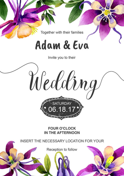 Wedding invitation DiY template orhid handmade watercolor illustration. - Photo, Image