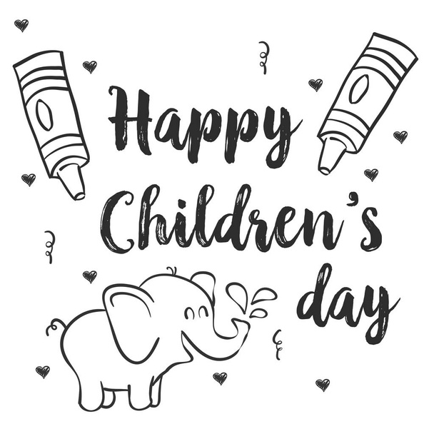 Hand draw children day with elephant - Вектор,изображение