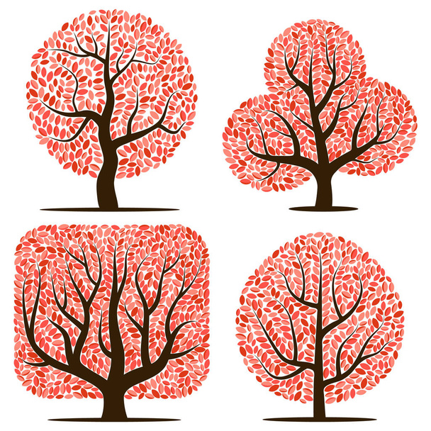 Four trees with red leaves - Vector, Image