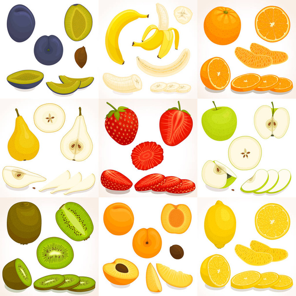 Set of various whole and sliced fruit. Vector illustration. - Vector, imagen