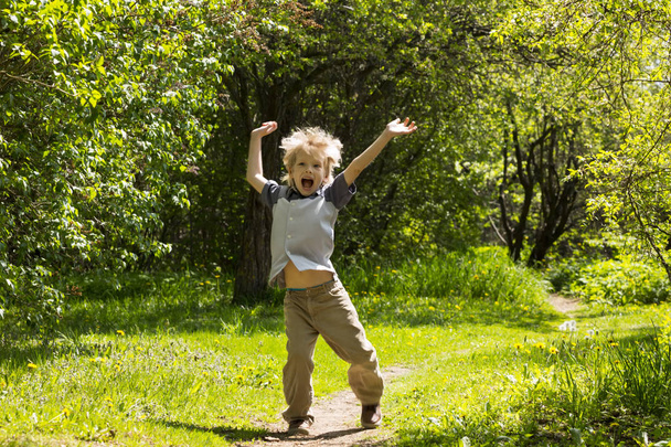 Gelukkig lachend blonde jongen in zomer park - Foto, afbeelding