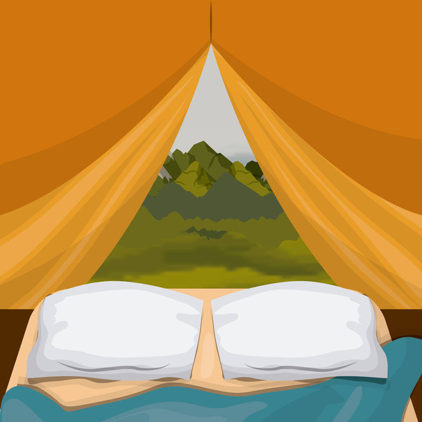 fond coloré tente de camping intérieure avec pad et paysage scénique à l'extérieur
 - Vecteur, image