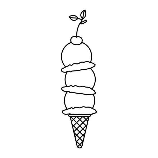 Μαύρη σιλουέτα του παγωτό χωνάκι με τρεις μπάλες και κεράσι - Διάνυσμα, εικόνα