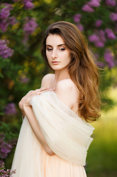 Beautiful girl in a vintage dress in spring garden - Zdjęcie, obraz