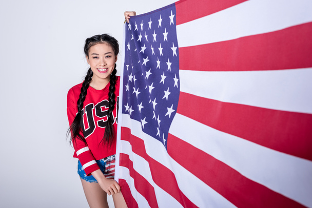 asian girl with american flag - Foto, Imagen