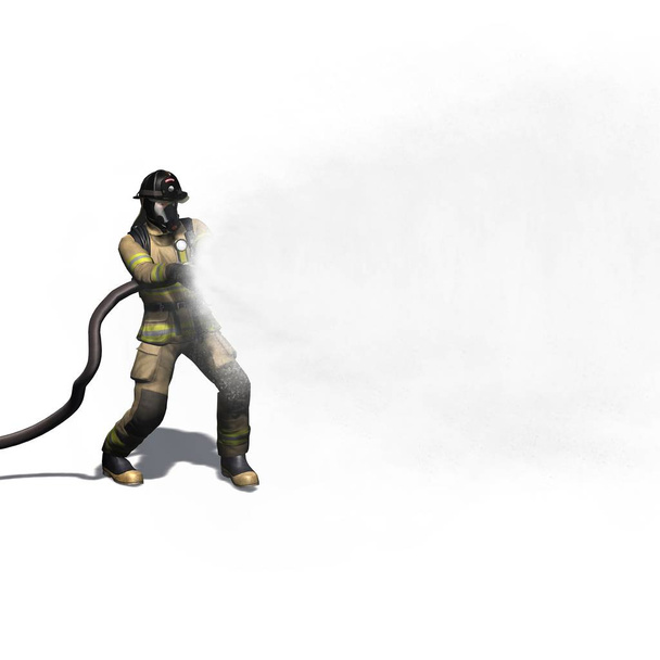 Πυροσβέστης με μάνικα νερού - που απομονώνονται σε λευκό φόντο - 3d απεικόνιση - Φωτογραφία, εικόνα