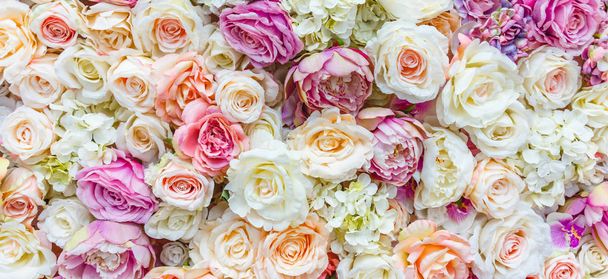 Květiny na zeď pozadí s úžasné červené a bílé růže, svatební dekorace, ruční práce. Tónování - Fotografie, Obrázek