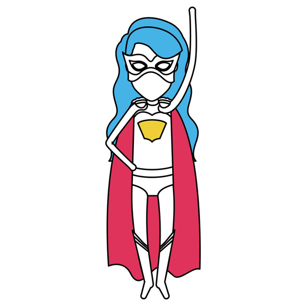 Farbsilhouette mit Superheldenmädchen mit langen Haaren, die mit erhobenem Arm fliegen - Vektor, Bild