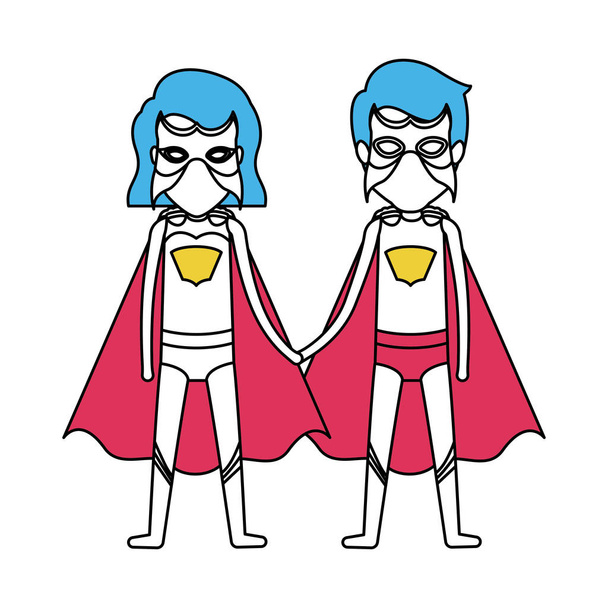 silhouette de couleur avec couple de super-héros unis des mains et elle avec les cheveux courts
 - Vecteur, image