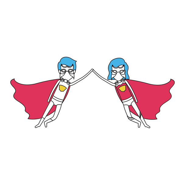 color silhouette with couple of superheroes flying united of the hands and her with short hair - Vector, Image