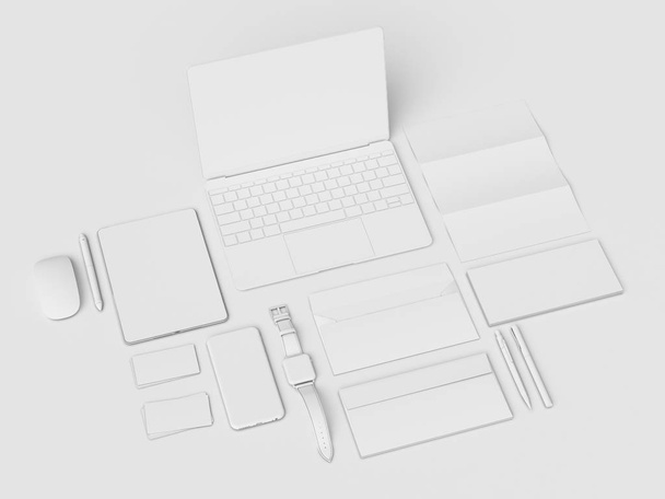 Branding Mock up & White Stationery. Office supplies, Gadgets. 3D illustration - Photo, image