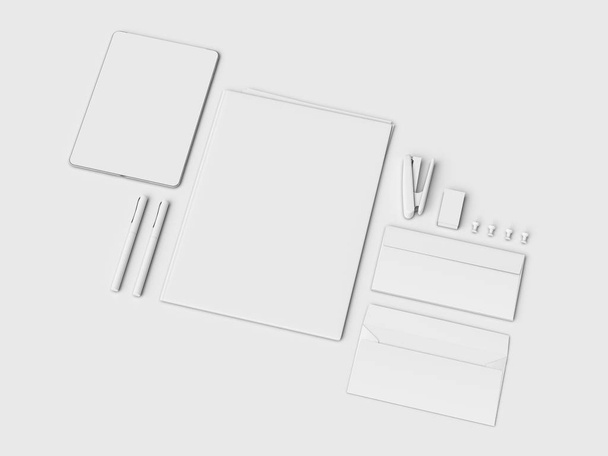 Branding Mock up & White Stationery. Office supplies, Gadgets. 3D illustration - Photo, Image
